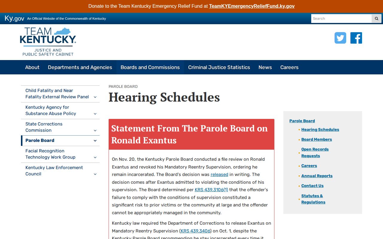 Kentucky Parole Board hearing schedule page